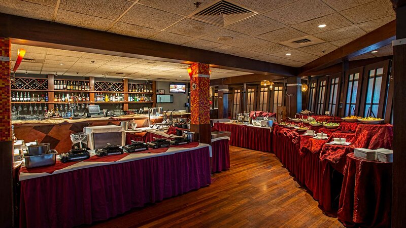 Banquet buffet and view of bar